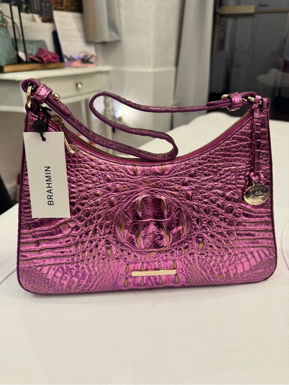 NWT BRAHMIN Metallic Croc-Embossed Shoulder Bag in Magenta